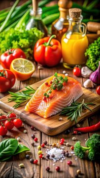 A photo of a vibrant arrangement of vitamin Brich foods including salmon on a wooden cutting board Fresh vegetables like bell peppers and cucumbers