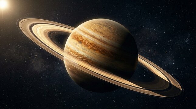 The planet Saturn (Saturnus) with rings in the rays of the rising sun in outer space.