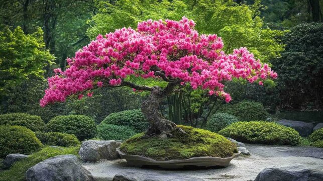Pink bonsai tree in a garden setting, peaceful scene, ideal for nature, meditation, or relaxation