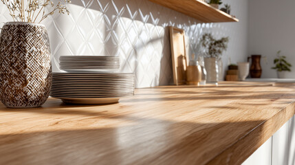 Obraz premium Scandinavian Kitchen Close-up, Wooden Countertop with Sunlight Shadow