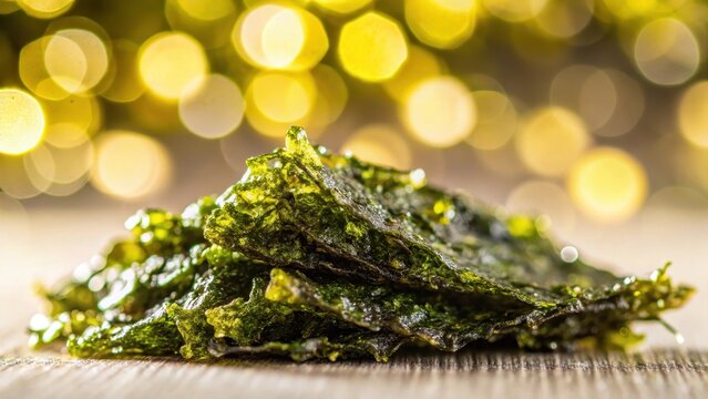 A photo of crispy nori seaweed on a pristine white background Crispy, delicate, fresh, vibrant green color with subtle golden undertones Silky textu