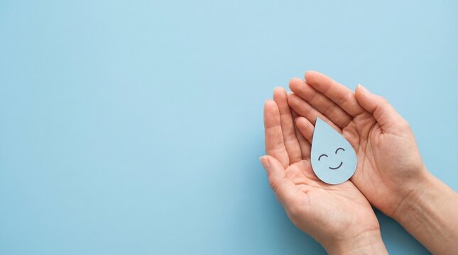 Hands holding smiling stone pebble on soft blue gradient background minimalist concept