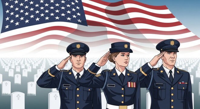 Military personnel in uniform saluting at national cemetery with flag