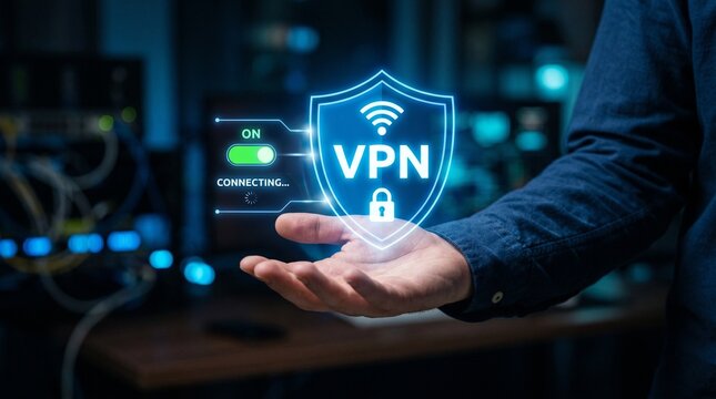 Hand holding glowing VPN shield icon with digital connection over dark tech workspace background