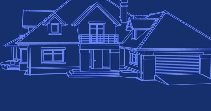 Residential house blueprint exterior line art design animation blue background white outline home
