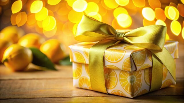 A closeup of a square gift box with intricate lemon pattern and a bright yellow ribbon tied around it