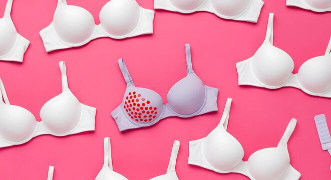 White bras arranged on pink background with one purple bra with red dots lingerie
