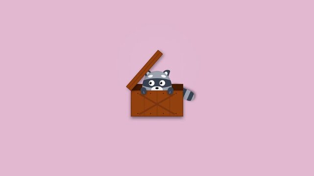 Minimalist Flat Design Animated Cute Raccoon Peeking Out from a Wooden Crate Animation