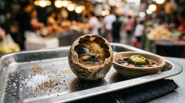 Filipino delicacy balut (Anas platyrhynchos domesticus) served with coarse salt and hot sauce at the market.