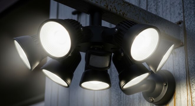 Black multi-head motion sensing security light providing outdoor illumination and property protection