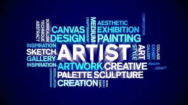 Artist animated word cloud-text design animation tag kinetic typography seamless loop.
