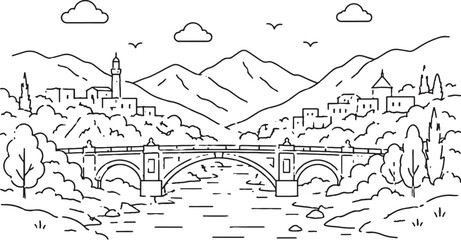 Azerbaijan river bridge valley icon minimalist line art bridge in valley landscape adobe UI style 2px stroke monochrome black © Bui