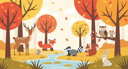 A forest scene with animals and a stream © Mitri