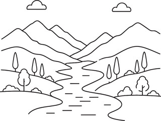 Azerbaijan River Valley Minimalist Line Art Icon Winding River Landscape © Bui