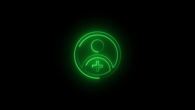 Neon Green Medical Healthcare Symbol Animation with Plus Sign and User on Dark Background for Technology and Medical Concepts.