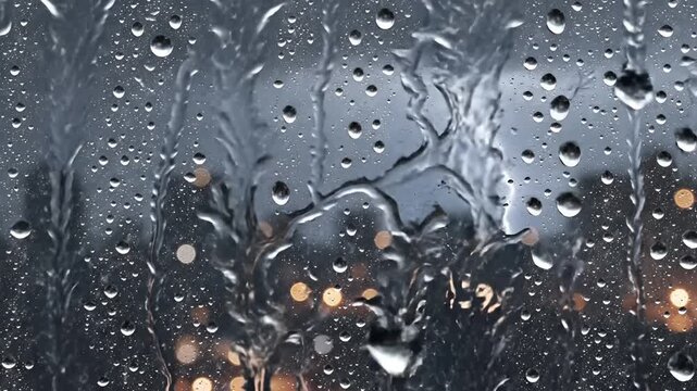 Raindrops on Window Glass with Blurred City Lights at Night.