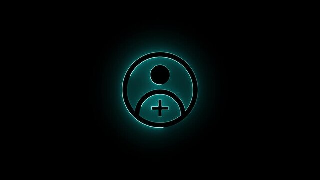 Glowing Neon User Profile with Plus Sign for Addition or Edit in Dark Background for App Website Interface, or Digital Media.