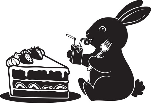 Black and white illustration of a rabbit enjoying a slice of cake with a drink Vector, illustration