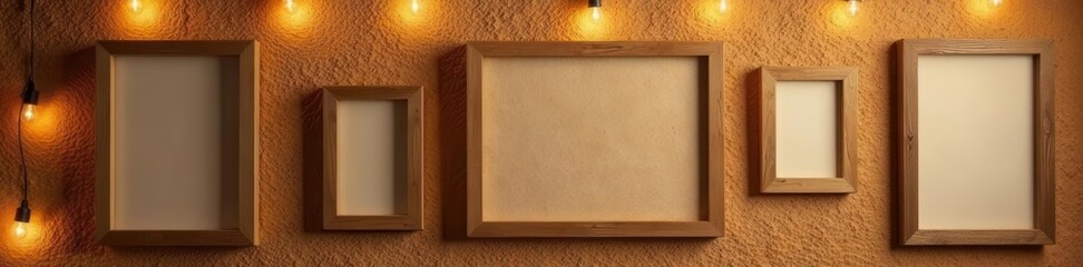 Fototapeta premium Rustic corkboard, framed photos, soft fairy lights, textured backdrop, pinboard, DIY supplies, ambiance