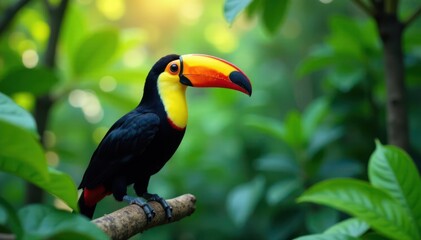 Fototapeta premium Vibrant toucan on lush tropical foliage, summer greeting , illustration, bird