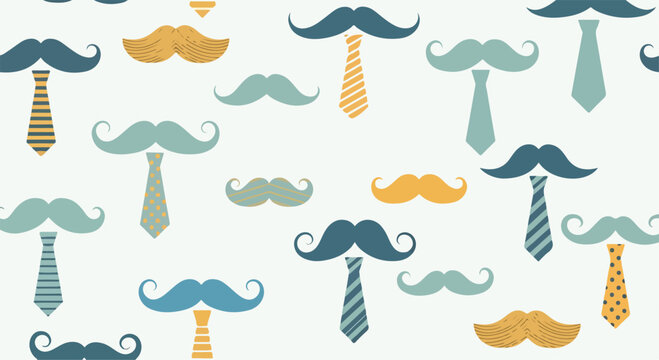 A pattern of illustrated mustaches and ties in various colors