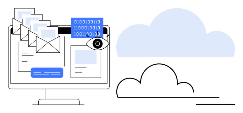 Data privacy, cloud security, email encryption, cybersecurity, online data storage, digital communication. ion of a screen with emails, binary code and a cloud symbol. Data privacy and cloud