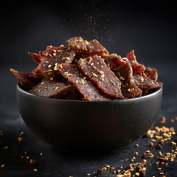 Seasoned beef jerky pieces with chopped nuts sprinkled over in a dark bowl