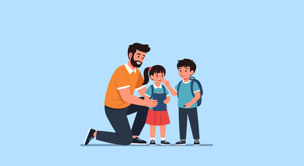 A caring father kneels to comfort his young daughter while his son stands beside them, ready for school. © Ngelus
