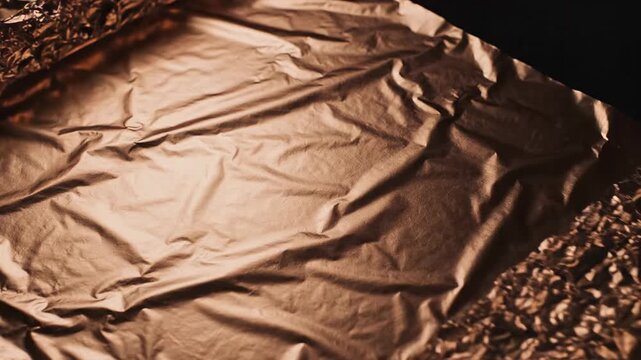 Close-up of crumpled copper foil texture, reflective surface, metallic sheen, creating abstract patterns and shadows, perfect for background or overlay