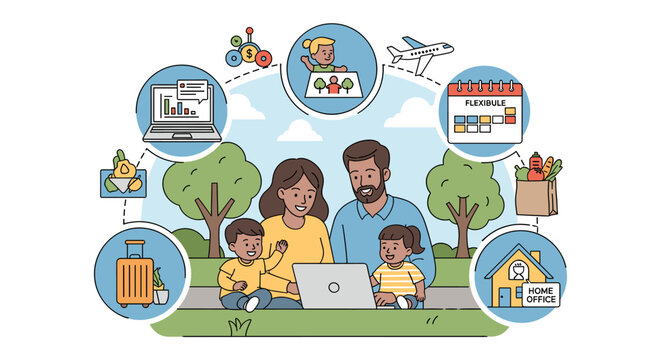 A family with two children using a laptop, surrounded by icons representing various aspects of modern life, including finance, travel, childcare, and home office.