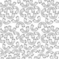 Fototapeta premium Seamless macaroni pasta pattern in minimal black line style, repeating curved noodle shapes on white background, clean food illustration for packaging, textile, and menu design.