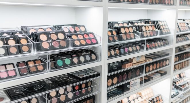 Abundant Makeup Palettes and Cosmetics Neatly Arranged on Retail Shelves for Beauty Enthusiasts