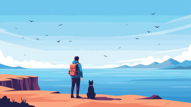 Hiker and his loyal dog stand on a cliff overlooking a vast blue ocean and distant mountains under a cloudy sky.