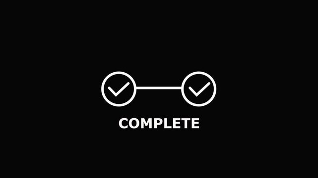 White checkmark connected by line on black background with COMPLETE text for approval concept check mark.