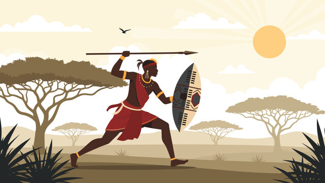 Traditional African warrior with a spear and shield runs through the golden savanna at sunrise among acacia trees.