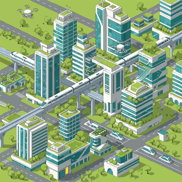 A futuristic cityscape with sleek skyscrapers and monorails