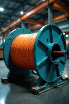 Full shot of large industrial electrical wire reel, power cable, industrial supplies, heavy duty