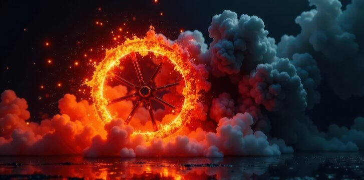 Fiery orange-red wheel explodes, swirling ink & smoke Dark background , fume, color, vintage