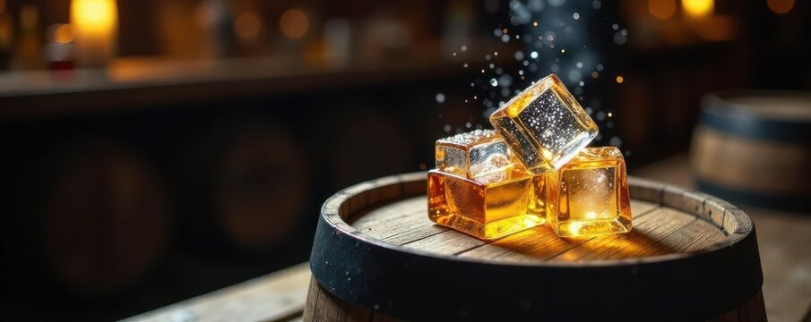 Mature whiskey, ice melting, decanter, oak barrel, cold, whiskey