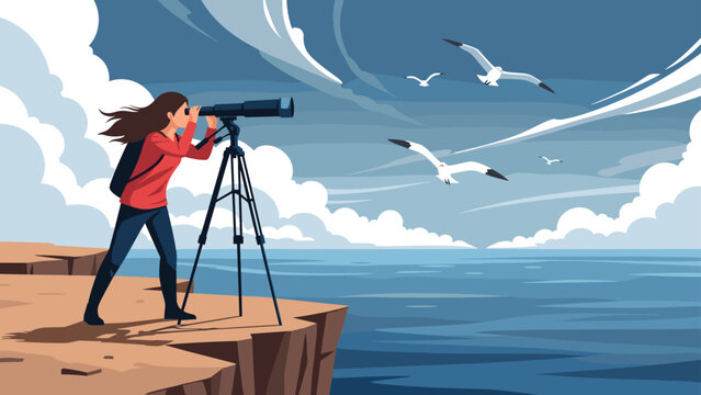 Adventurous woman stands on a high cliff overlooking the ocean using a telescope to observe distant birds and the horizon.