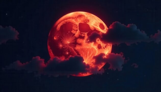 Partially veiled blood moon; clouds drift across the lunar surface , reddish hue, silhouette