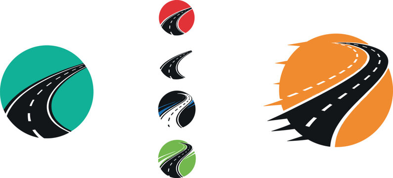 Dynamic curved road logo vector set with abstract highway shapes, circular travel icons, motion path elements, and modern transportation branding design
