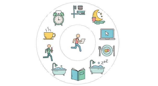 A person surrounded by daily routine icons