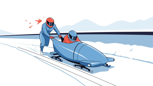Two athletes wearing helmets competing in a bobsled race on a professional icy track during a winter sports competition event.
