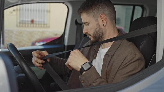 Man with hands on steering wheel fastening seatbelt and reaching to sun visor inside car on street; focused readiness.