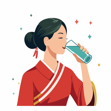 水分補給のためにペットボトルの水を飲む女性のフラットイラスト