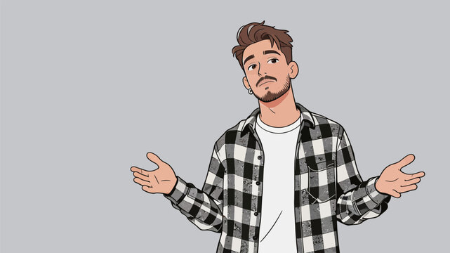 Confused Man with Plaid Shirt Gesturing Hands