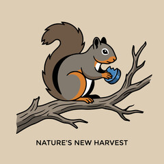Fototapeta premium Cute cartoon squirrel sitting on a tree branch holding a nut.