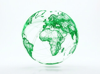 Obraz premium Abstract glowing green digital globe with interconnected lines representing global network connections and data flow floating in a clean minimalist white studio