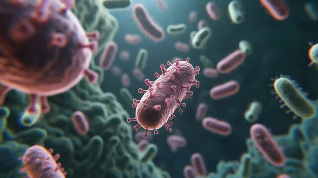 Microscopic view of pathogens in a dark liquid environment
